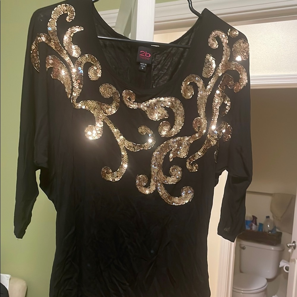 2B Bebe Black and Gold Sequin Embellished Blouse